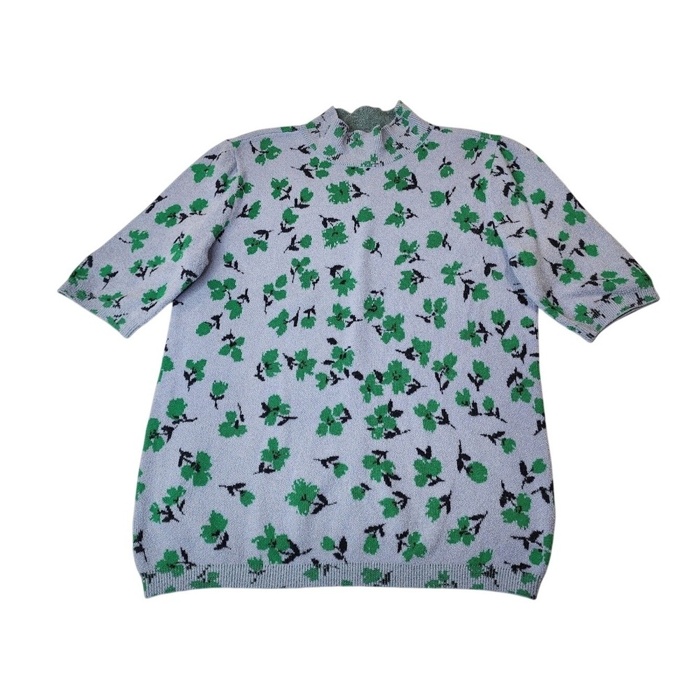 Ann Taylor Short Sleeve Sweater S Blue Green Floral Soft Girl Grannycore Office